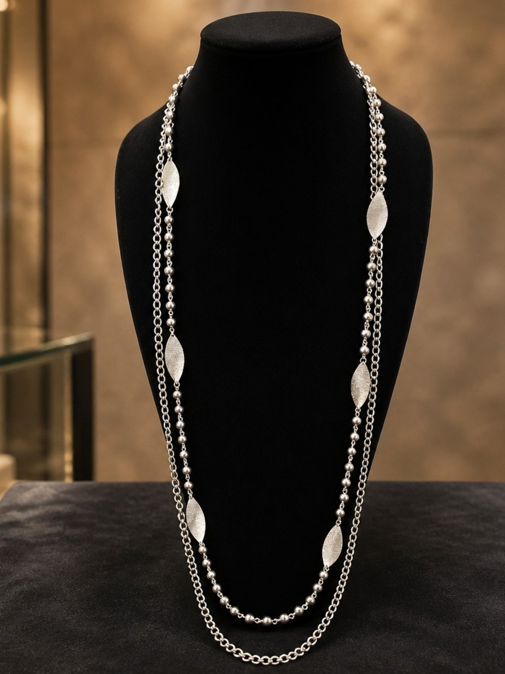 Elegant Silver Long Layered Leaf Necklace - Women's Jewelry